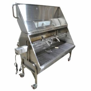 A 59-inch long stainless steel spit roaster, gleaming and ready for a rotisserie grilling adventure