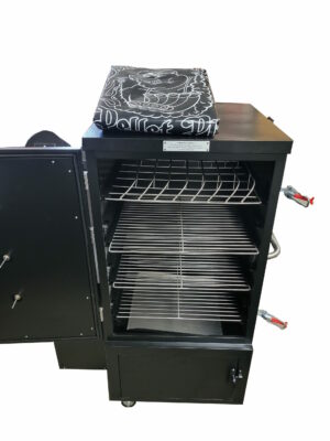 A vertical cabinet smoker standing tall, designed for optimal smoking and grilling performance