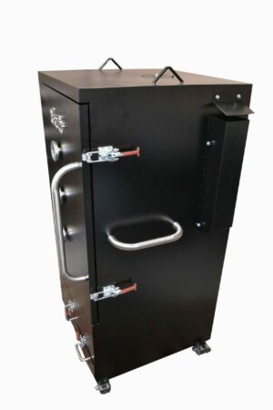 A vertical cabinet smoker standing tall, designed for optimal smoking and grilling performance.