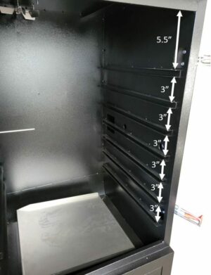 Interior view of smoker cabinet with 3 inches between each shelf, showcasing organized spacing for optimal smoking
