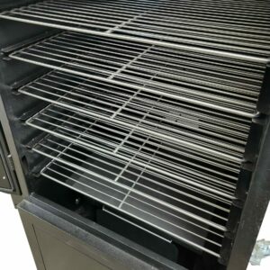 Stainless steel racks neatly arranged inside a cabinet smoker, ready for optimal grilling and smoking